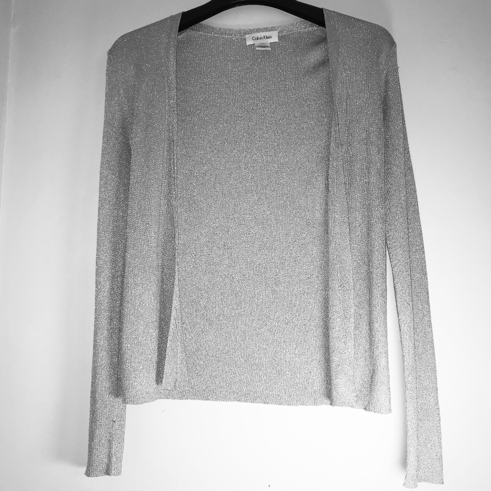 Calvin Klein Silk Blend Metallic Silver Cardigan, XS, Y2K Minimalist, 60% Silk
